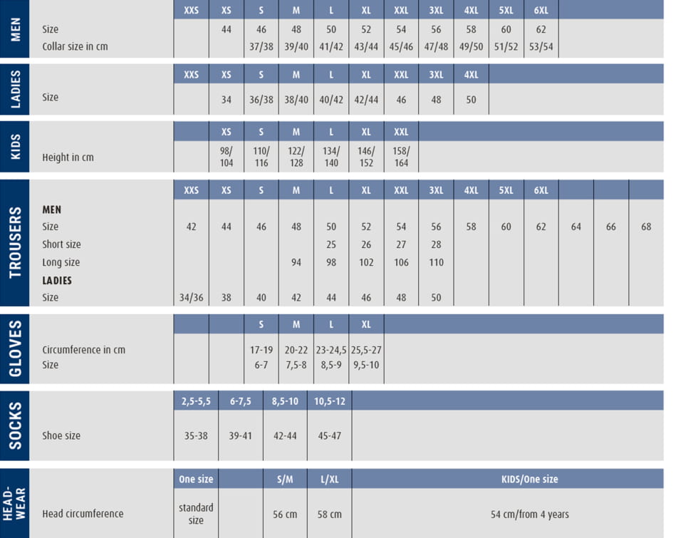 Universal size chart